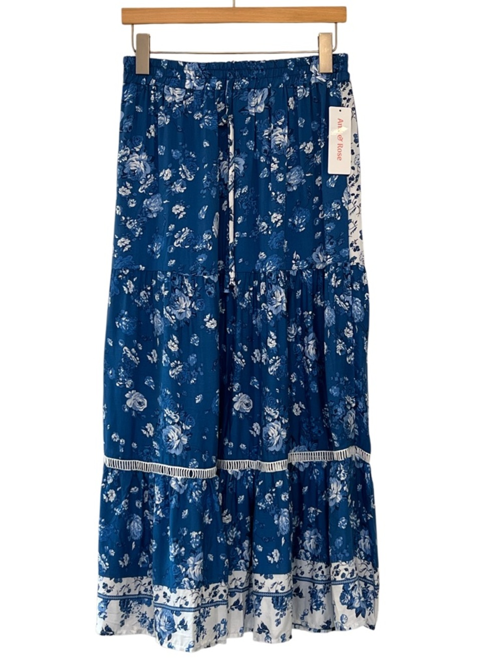 Ana & Rose Blue Floral Tiered Midi Skirt Elastic Waist NWT S